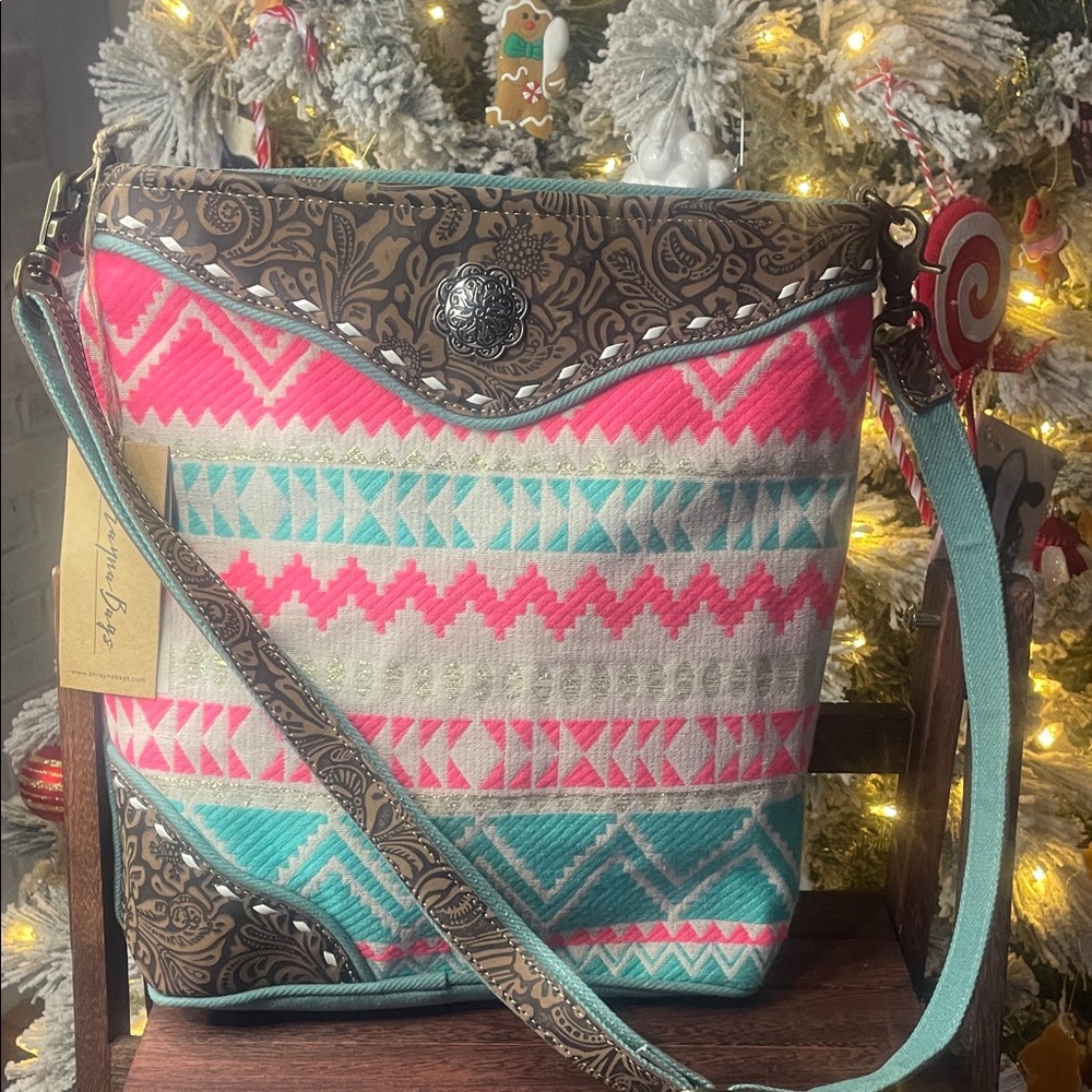 Chic Bohemian Crossbody Bag with Pink and Turquoise Accents